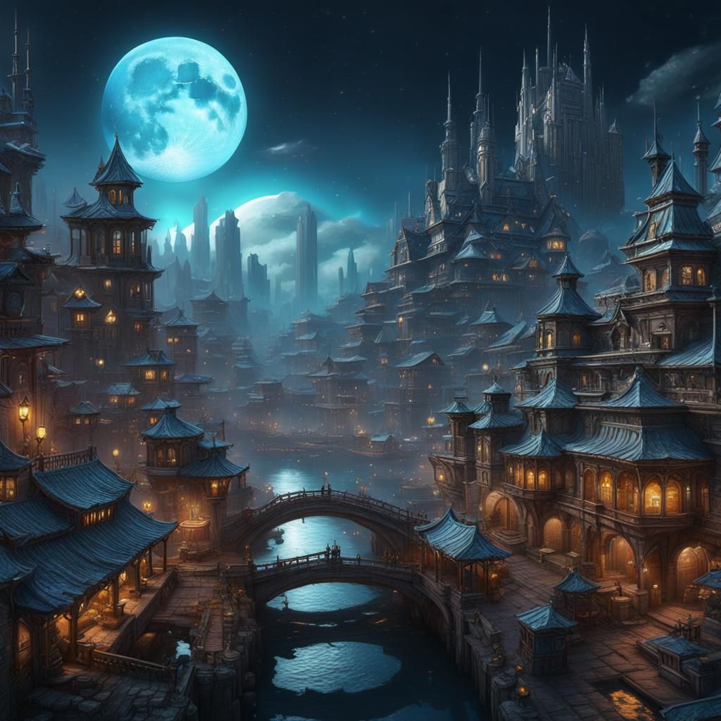 Fantastical City Under a Painterly Moon
