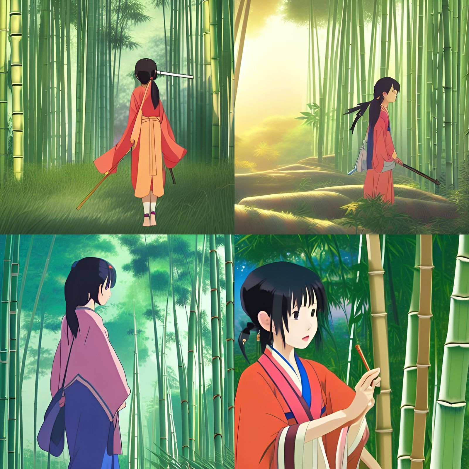 Asian Girl in Bamboo Forest: Ghibli-esque Anime