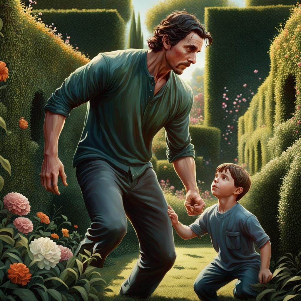 Christian Bale in a Flower Garden: Hyperrealistic Image