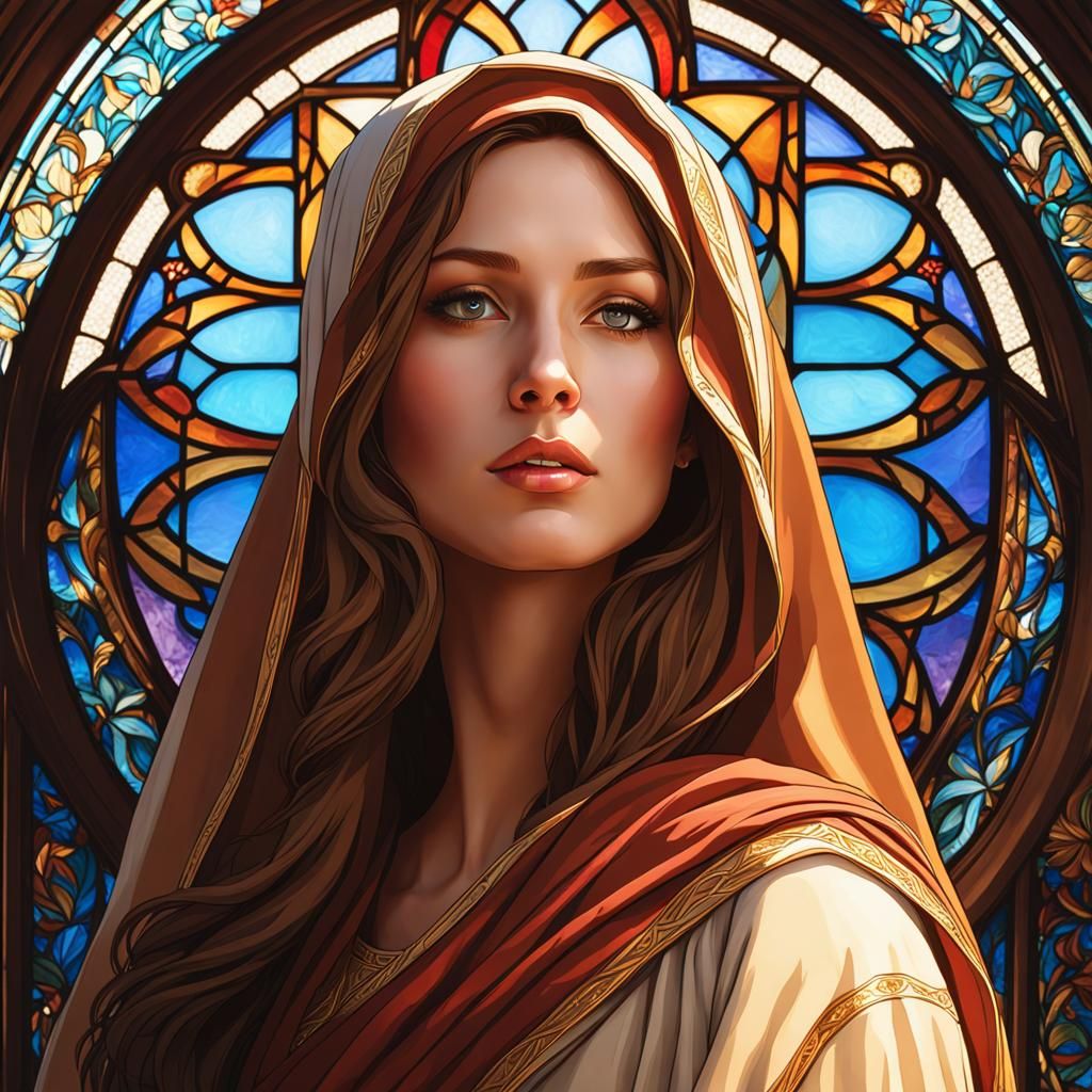 Mary Magdalene Portrait with Stained Glass, Hyperdetailed