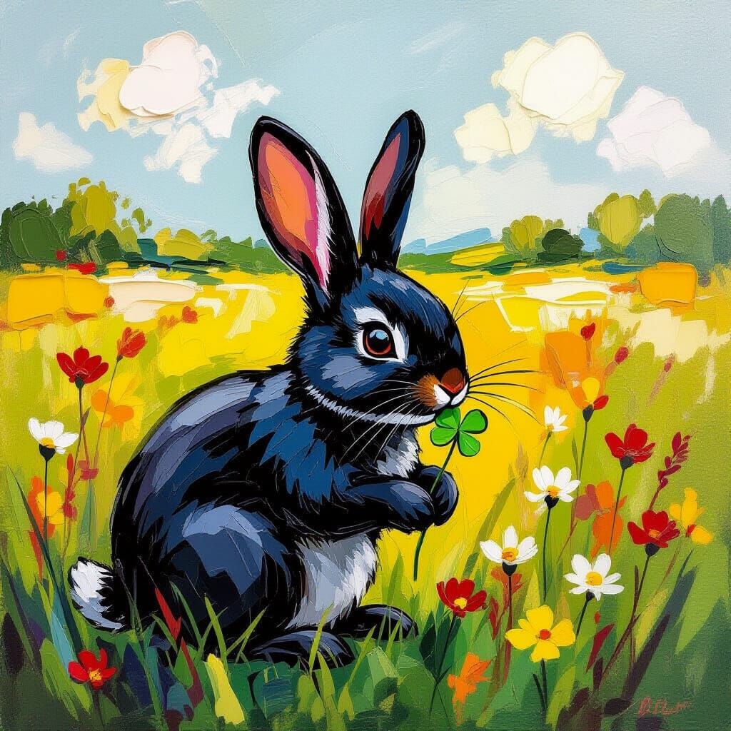 Black Bunny Eating Clover in Neo-Impressionist Style