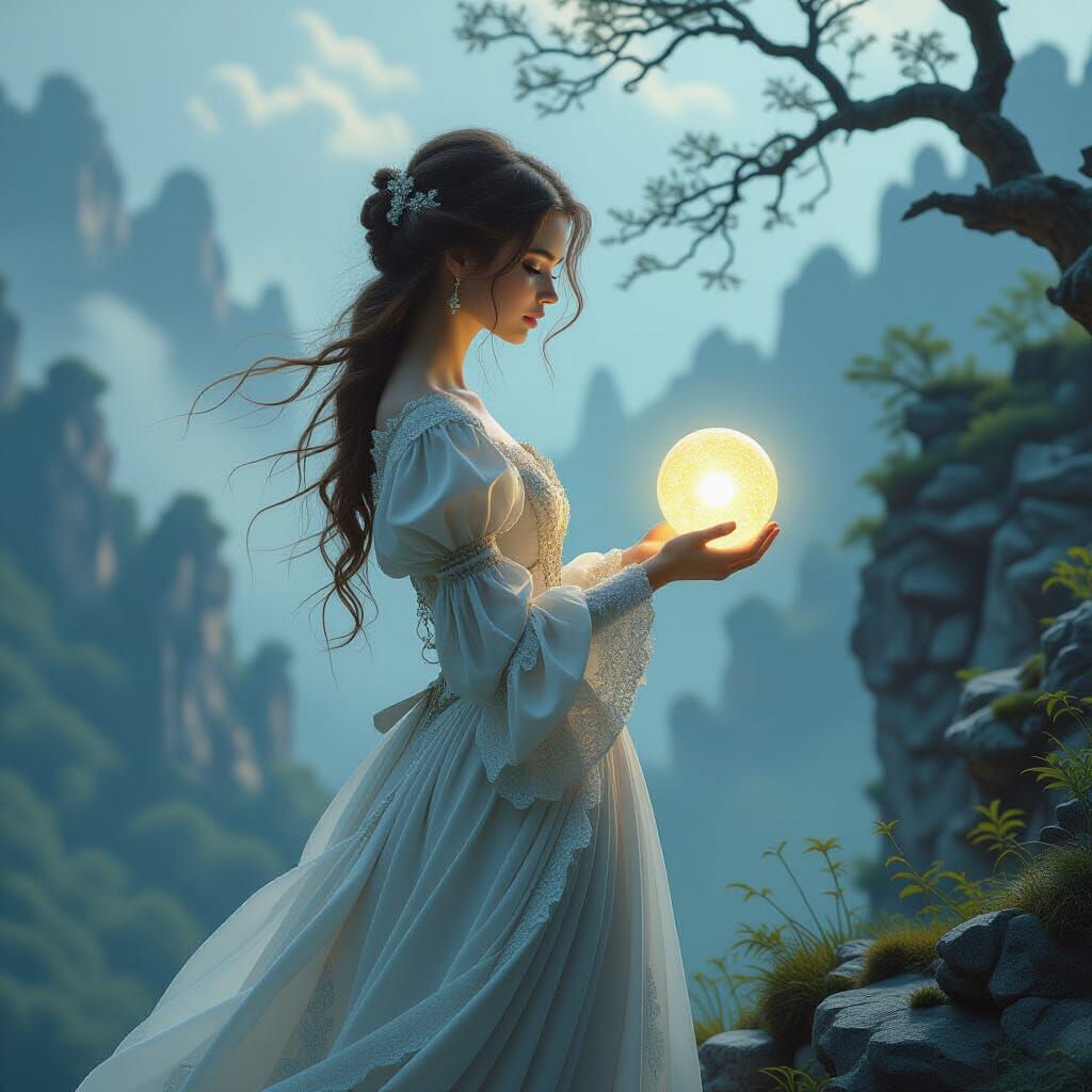 Renaissance Woman with Orb Overlooking Ancient Forest