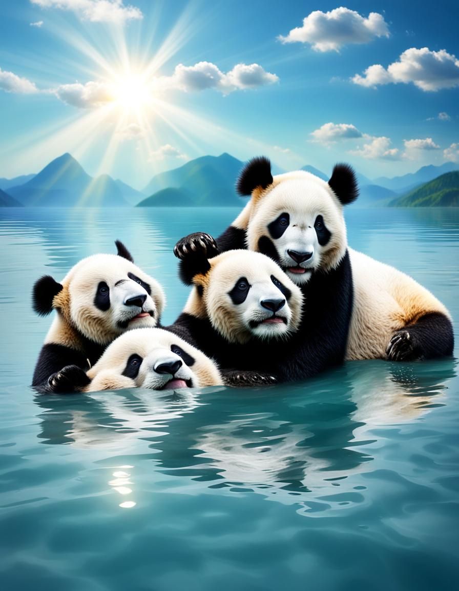 Pandas Playing in the Sea Under Divine Sunshine