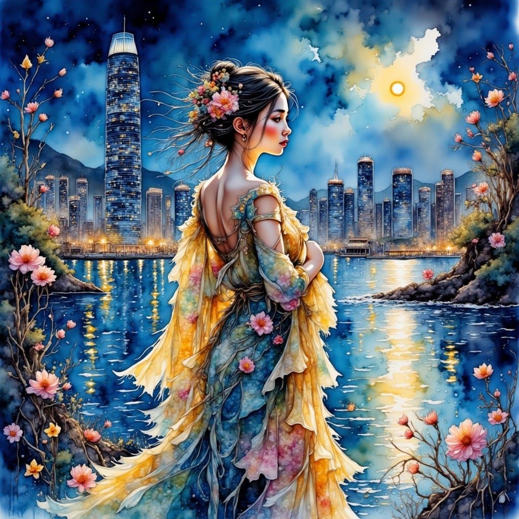 Hong Kong Harbor in Watercolor Style at Midnight