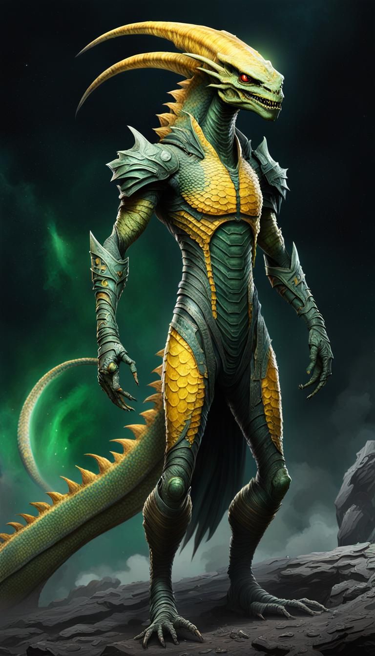 Alpha-Draconian Alien Warrior on Destroyed Earth