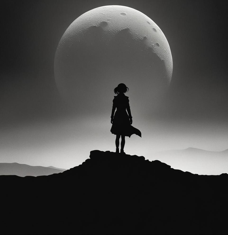 Silhouetted Female Figure in Moonscape Academia