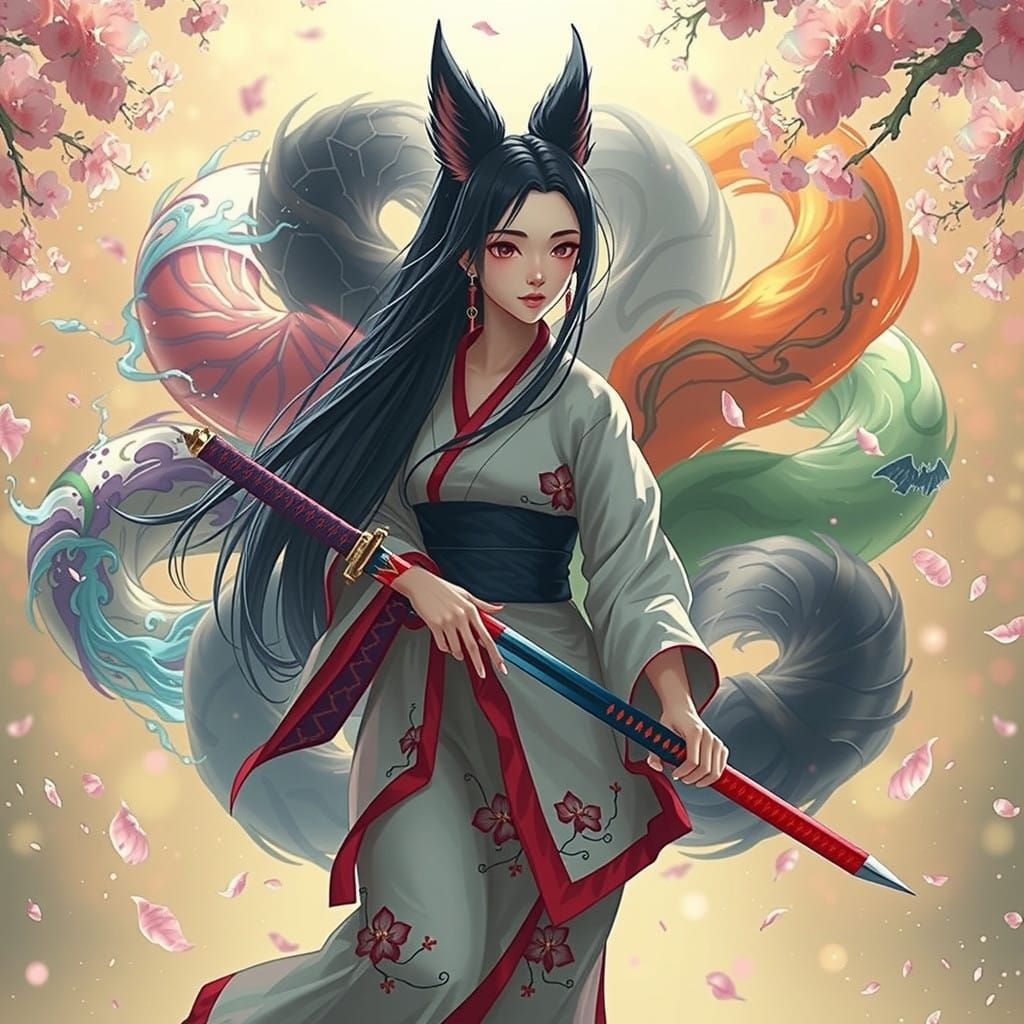 Mystical Kitsune Goddess in Cherry Blossom Kimono with Glowi...