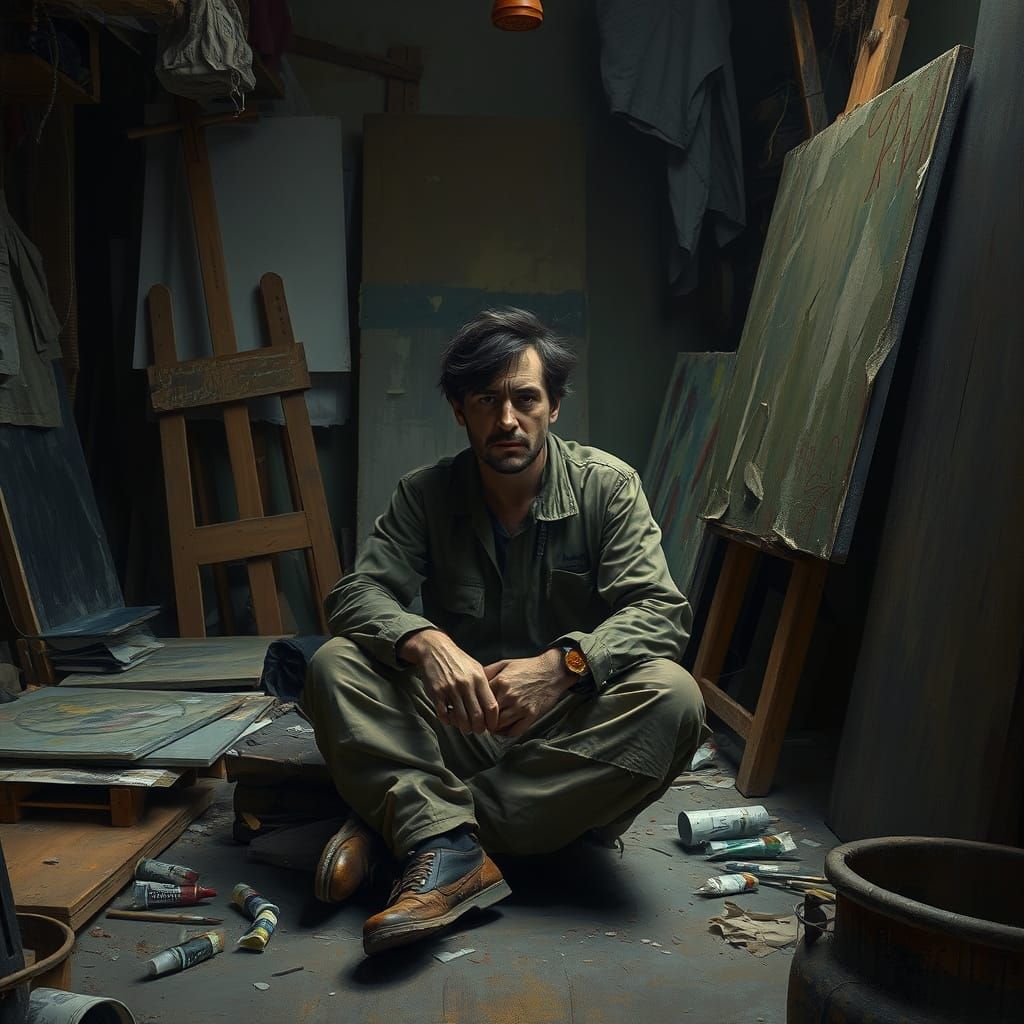 A Somber Artist in Worn, Earth-Toned Attire, Amidst a Clutte...