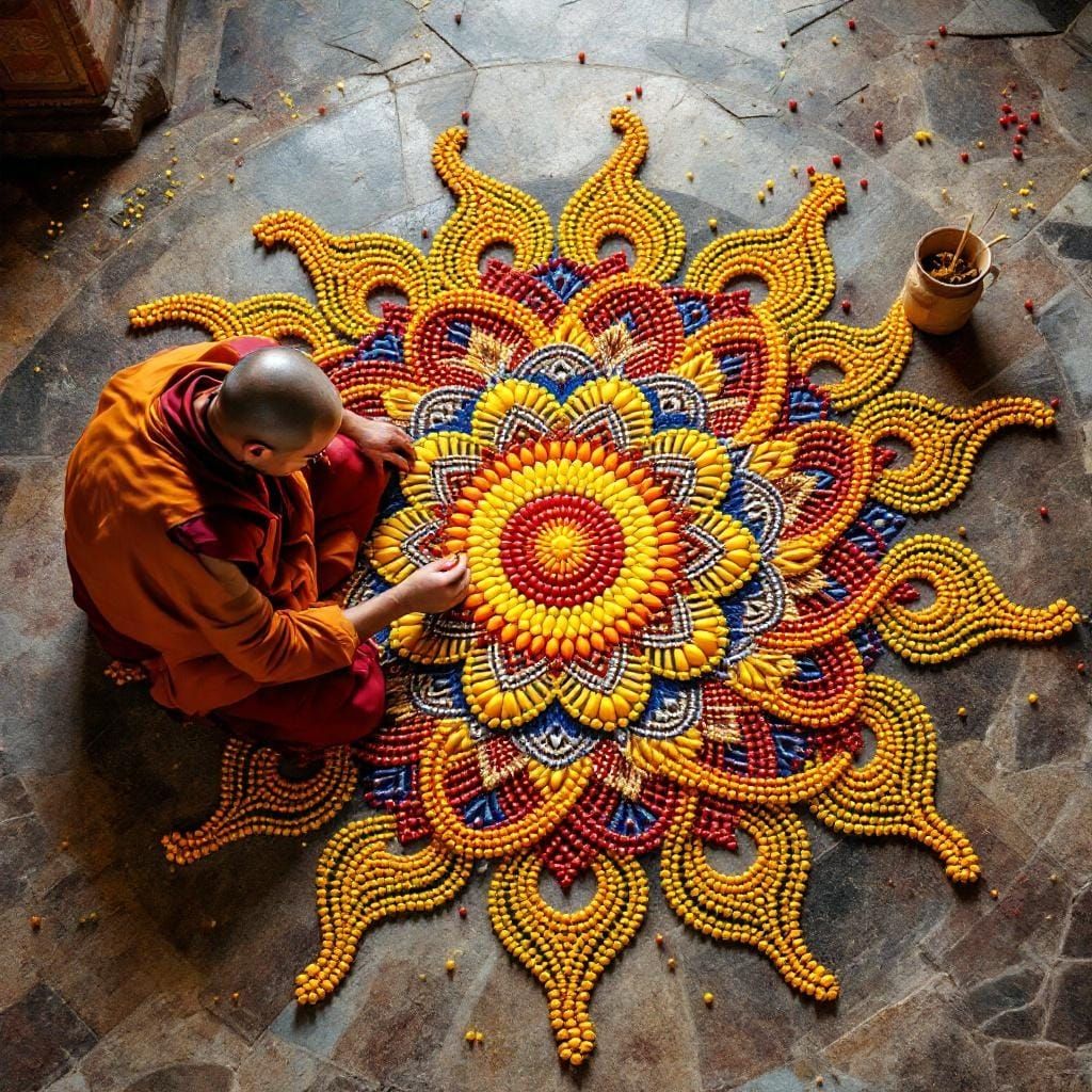 Lama Creates Tangled Sun with Beads: Digital Art