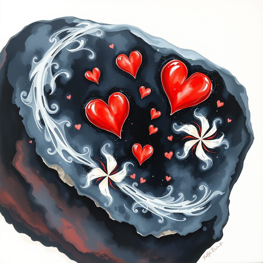 Glowing Hearts on Rock in Gouache Style