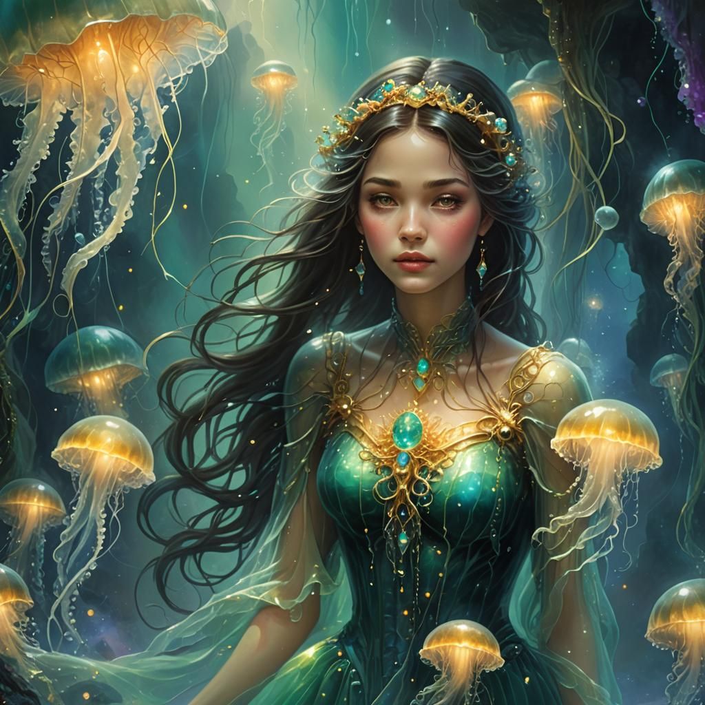 Submerged Veiled Woman in Iridescent Cavern