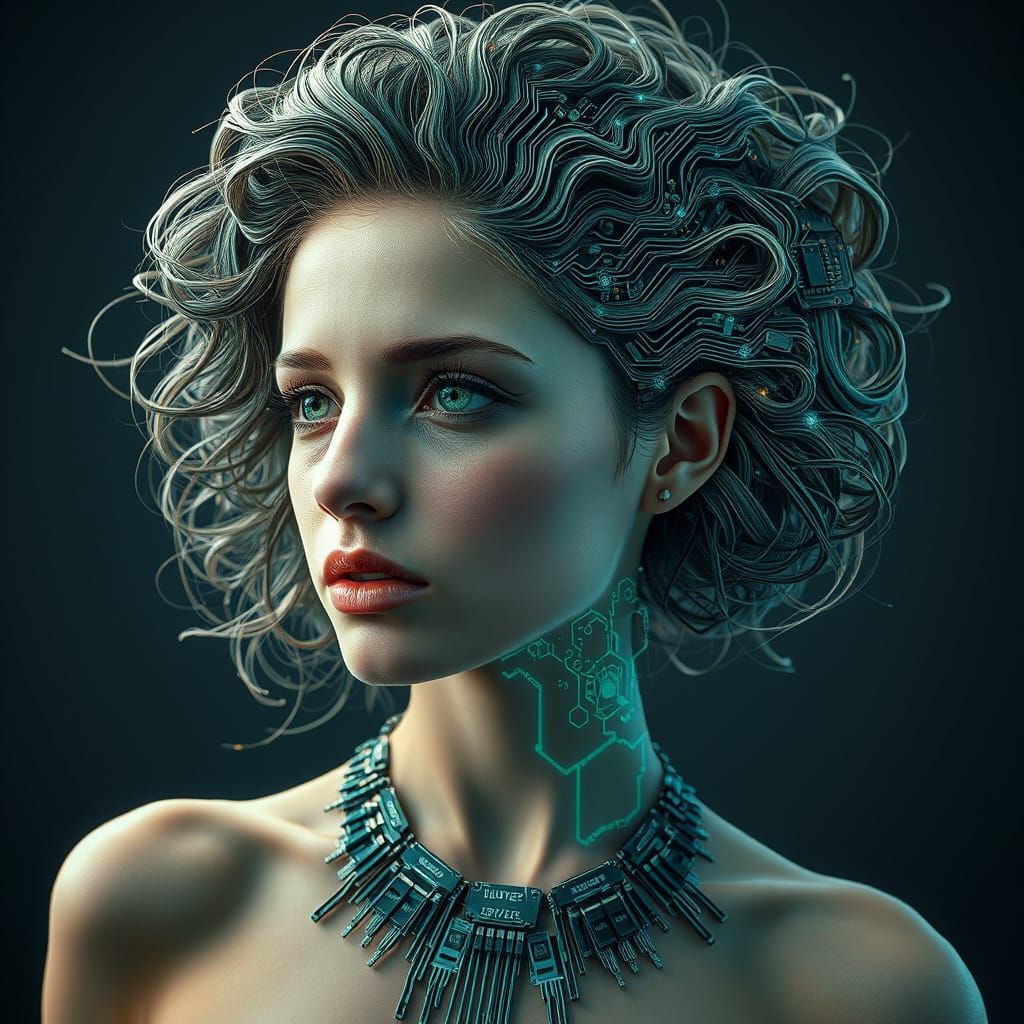 Cyberpunk Woman Merges with Circuit Board Mosaic