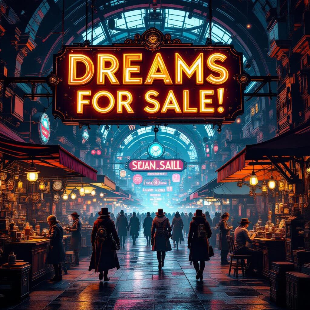 Steampunk Marketplace with Dreams for Sale