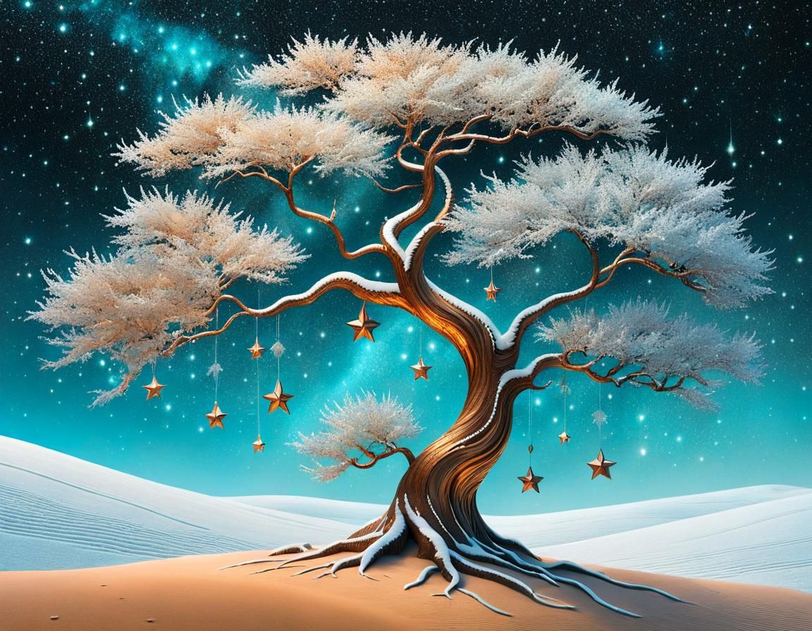 Turquoise Tree and Dragon Under Copper Stars