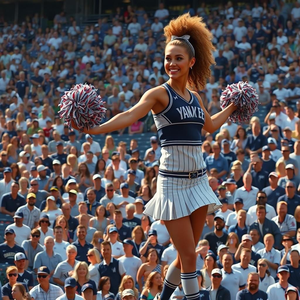 New York Yankee cheerleaders entertaining a baseball crowd in the Yankee Stadium