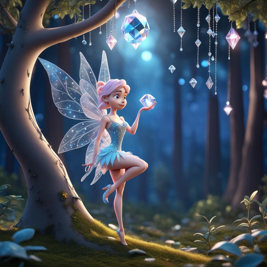A Disney Pixar style 3D beautiful diamond fairy, next to a tree, diamonds hanging off the branches reflecting moonlight ...