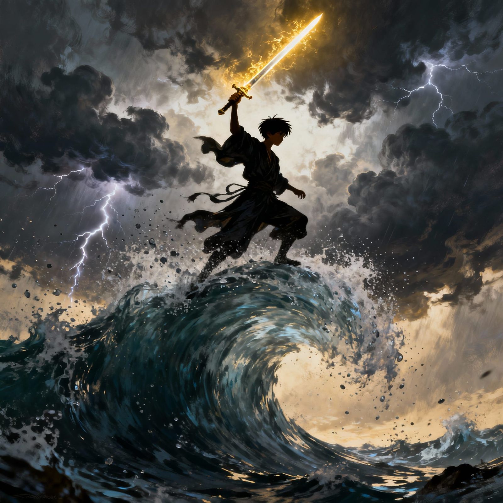 Epic Fantasy Warrior on Water Tornado