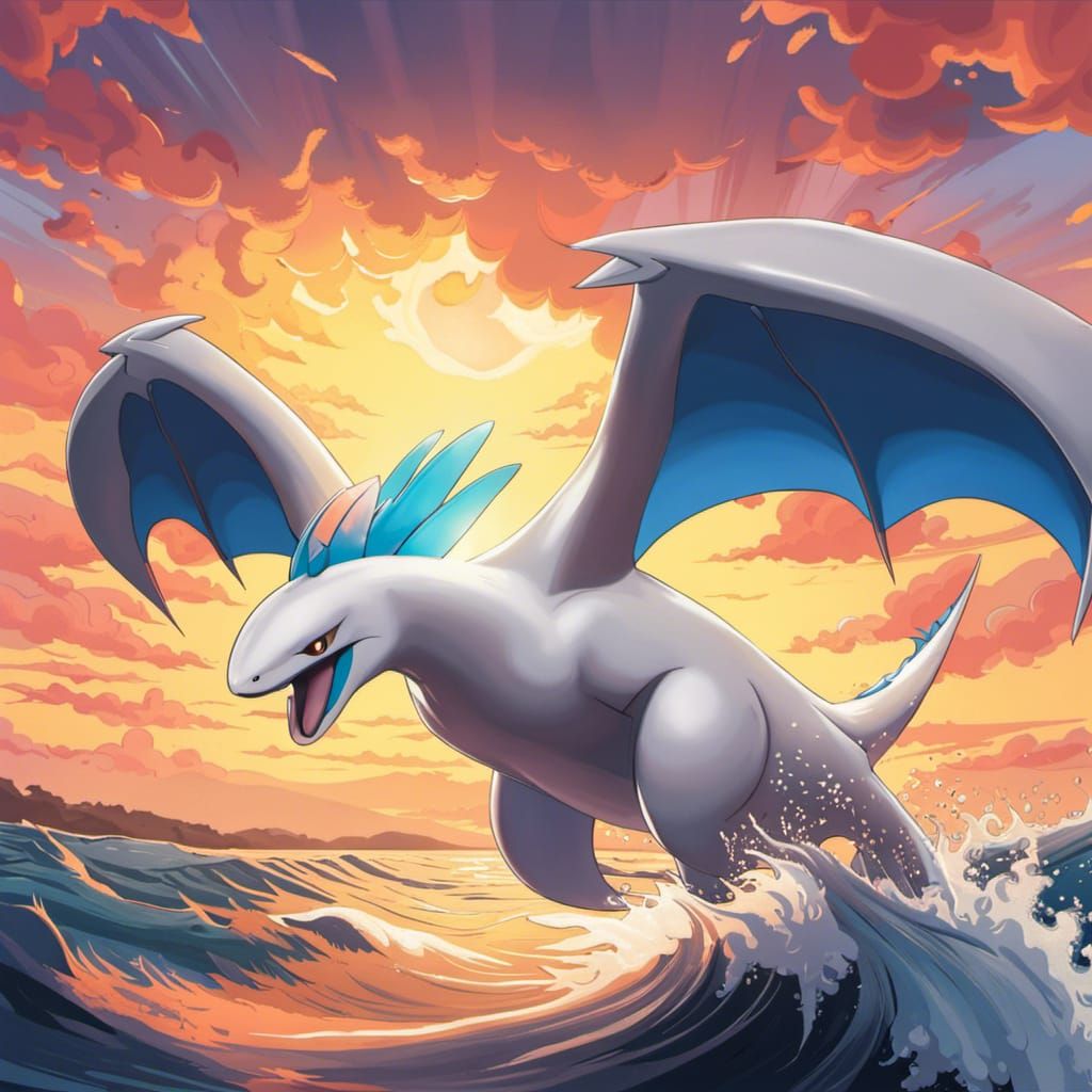 Lugia Soaring Over Ocean at Sunset