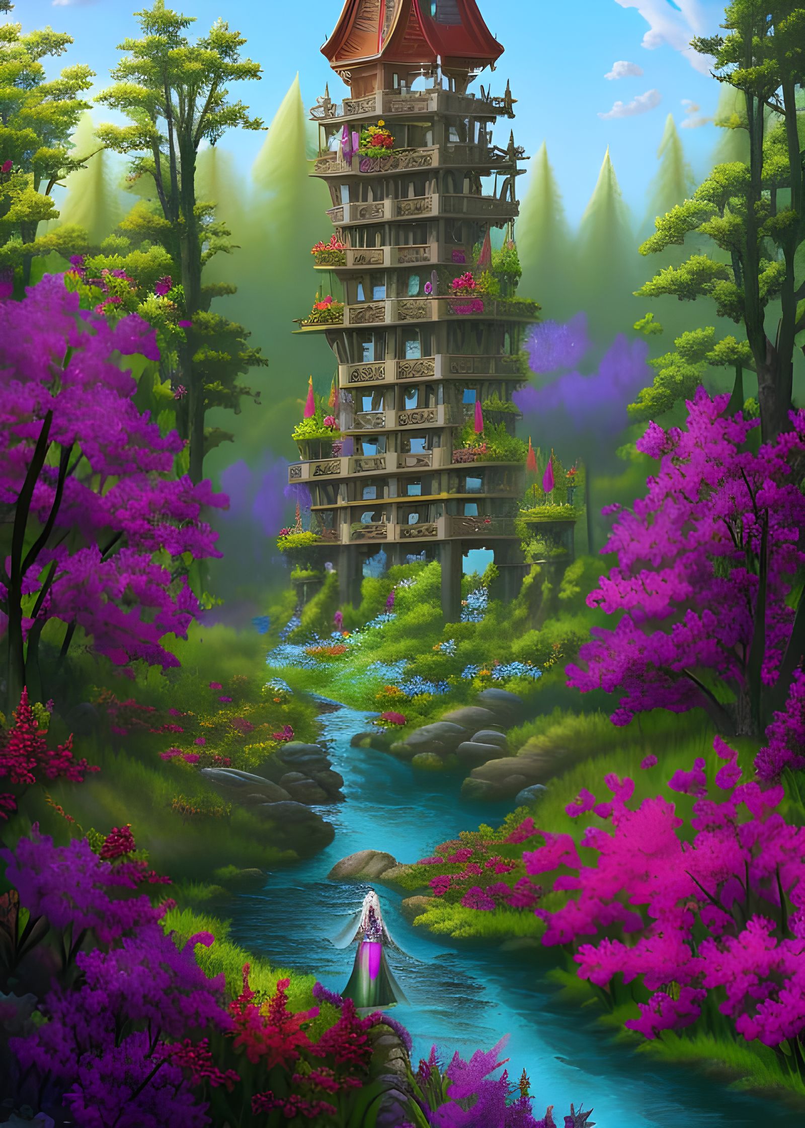 Elven Tower Ablaze with Flowers in Woodland Scene