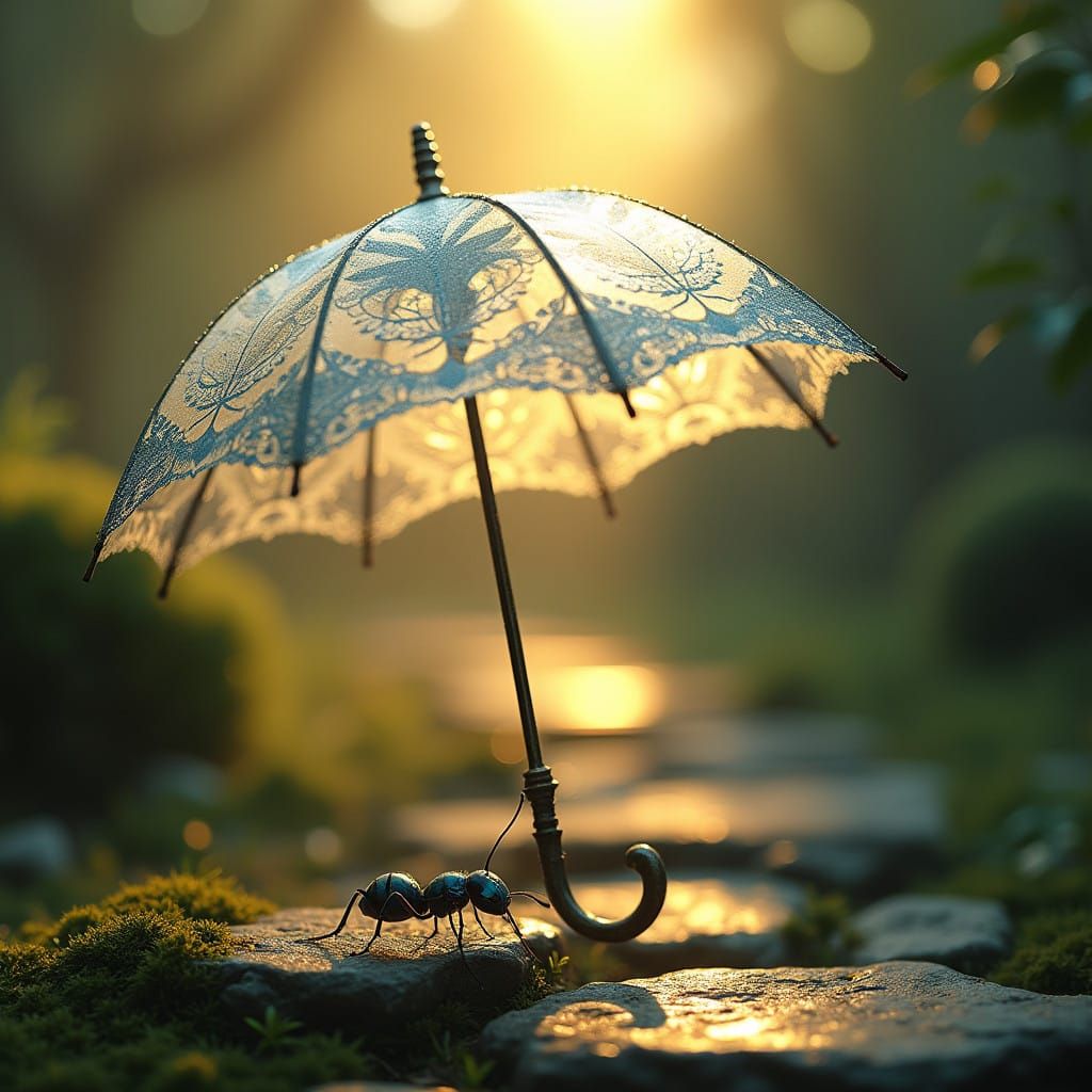 Ethereal Umbrella Scene with Iridescent Ant in Golden Light