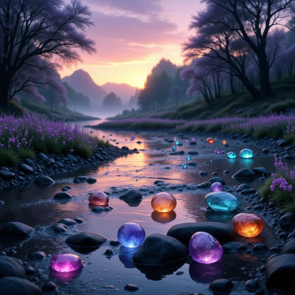 Purple Golden Hour River Carrying Gemstones in Hyperrealisti...