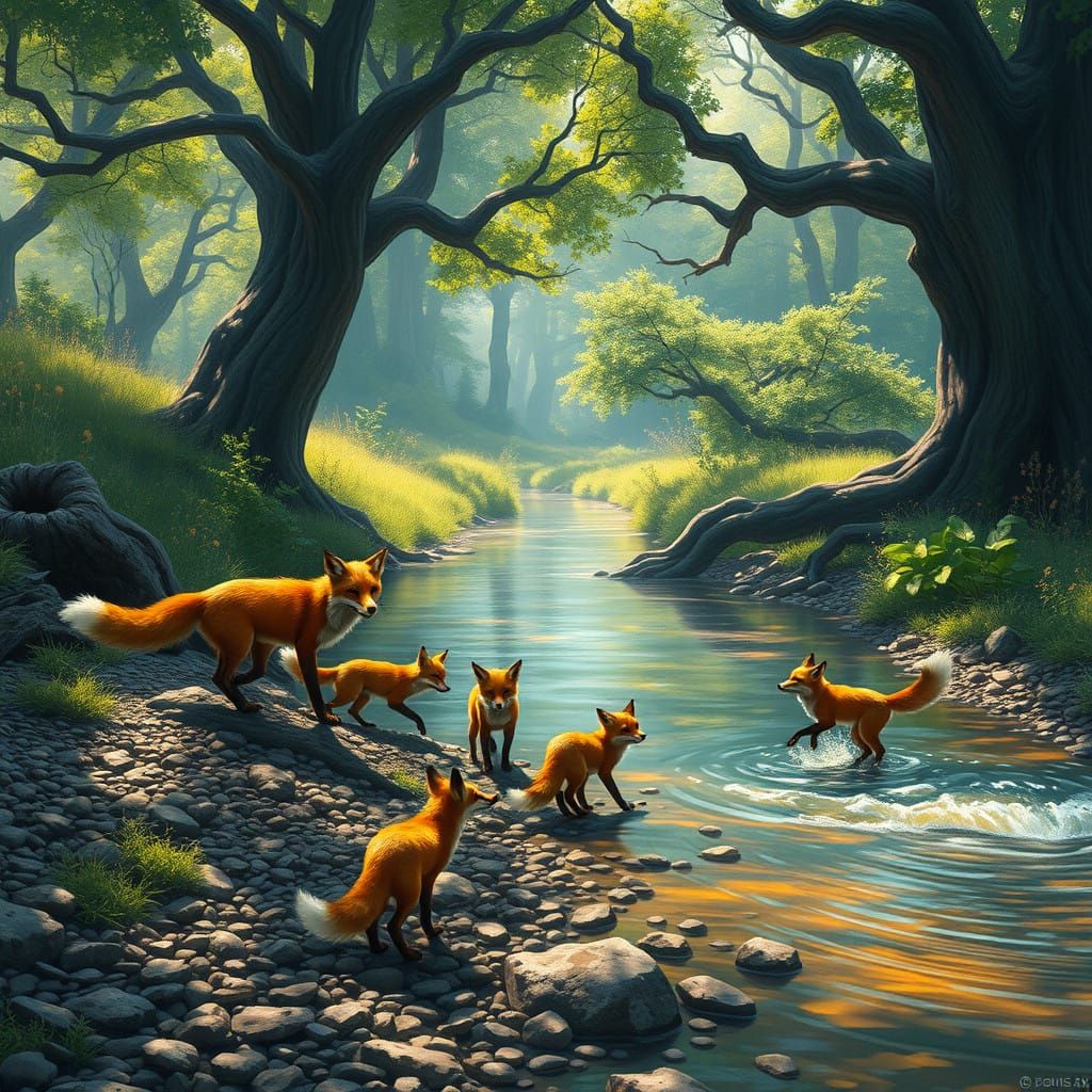 Whimsical Fox Family in Lush Creek Landscape