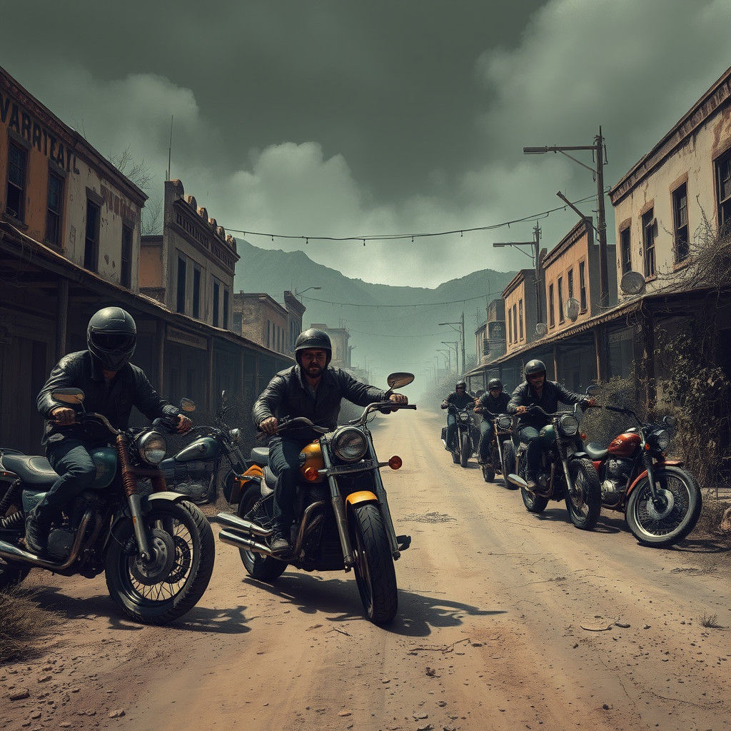 Biker Gang in Ghost Town, Cinematic Digital Art