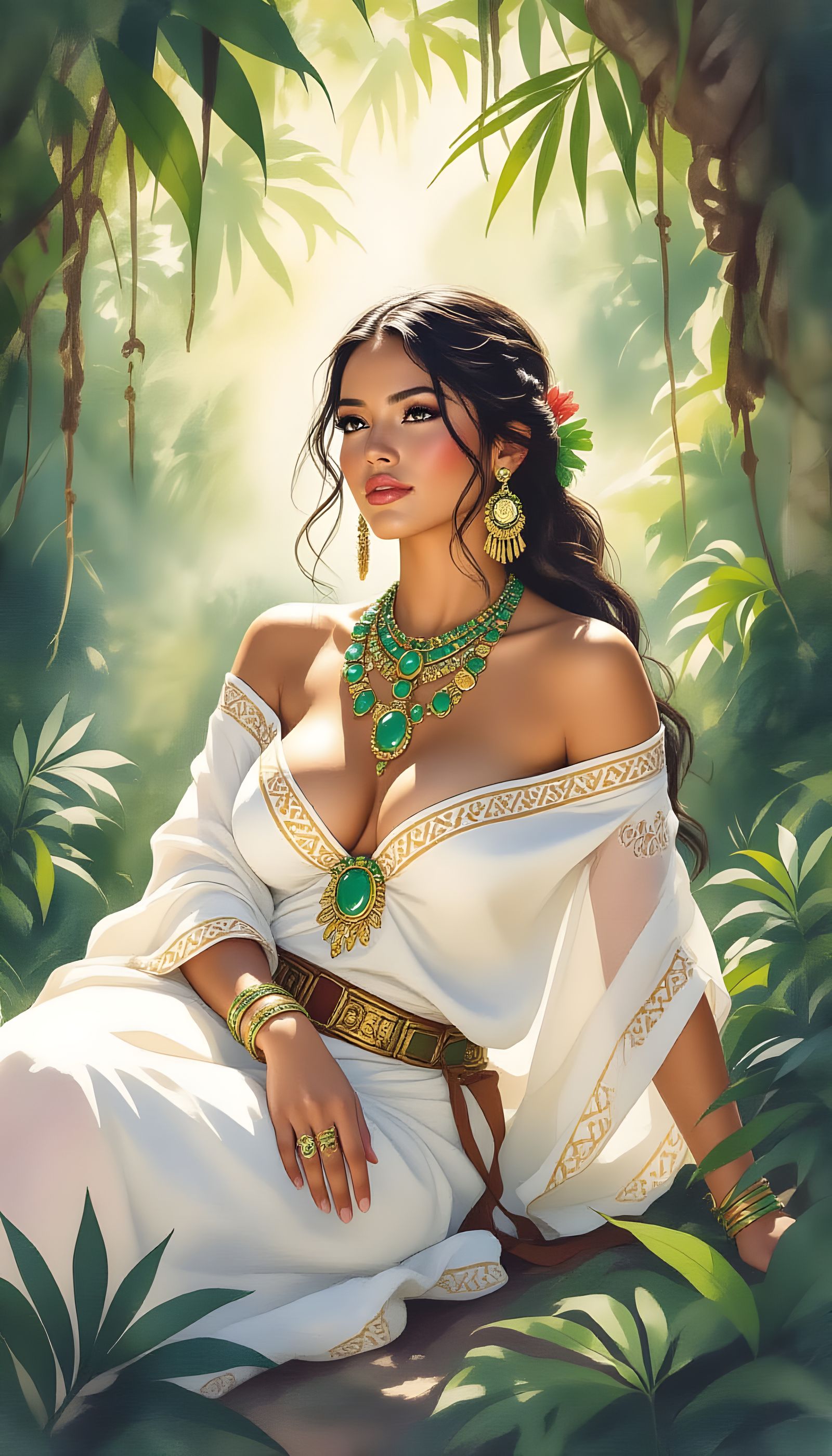 Mayan Woman Reclining in Jungle Clearing, Watercolor Style