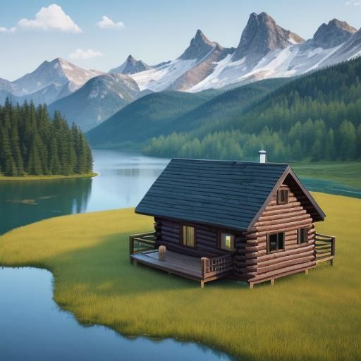 Small cabin in a meadow near a lake with mountains in the ba...
