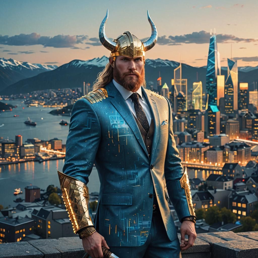 Business Viking with Spear in Nordic Cityscape