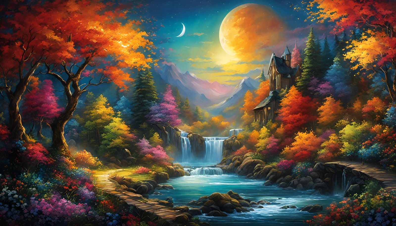 Enchanted Starry Night Wonderland: Waterfalls and Lake