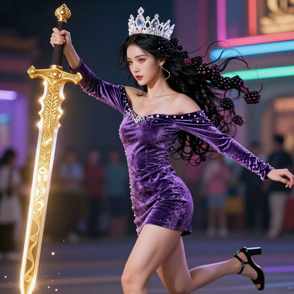 Warrior Woman with Glowing Sword in Cinematic Night Scene