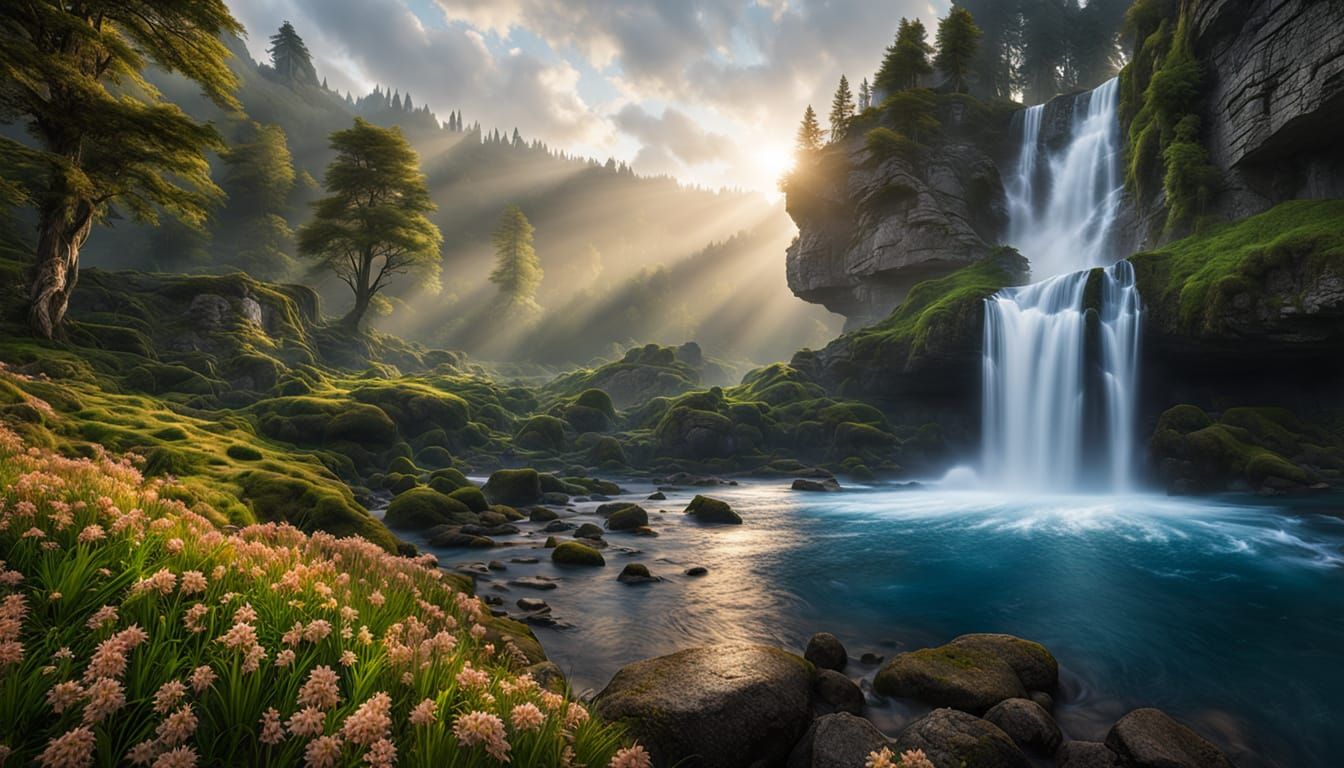 Epic Fantasy Waterfall Landscape in Hyper-Realistic Style
