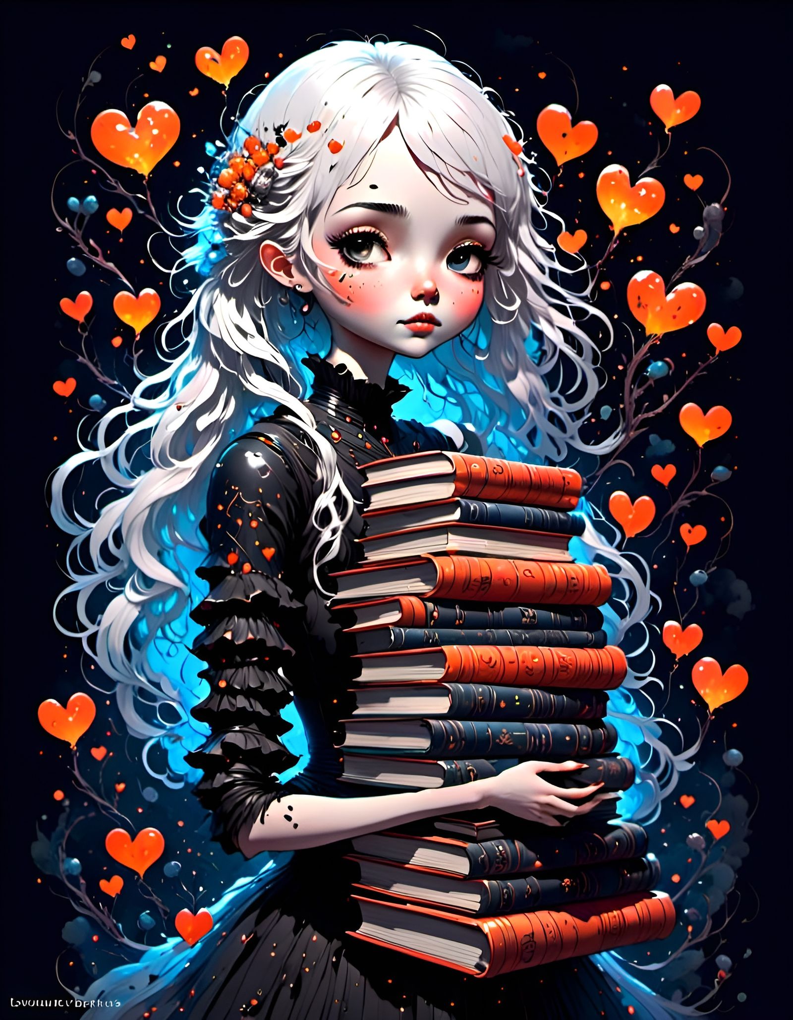 Luminous Portrait with Books in Ink Linework Style