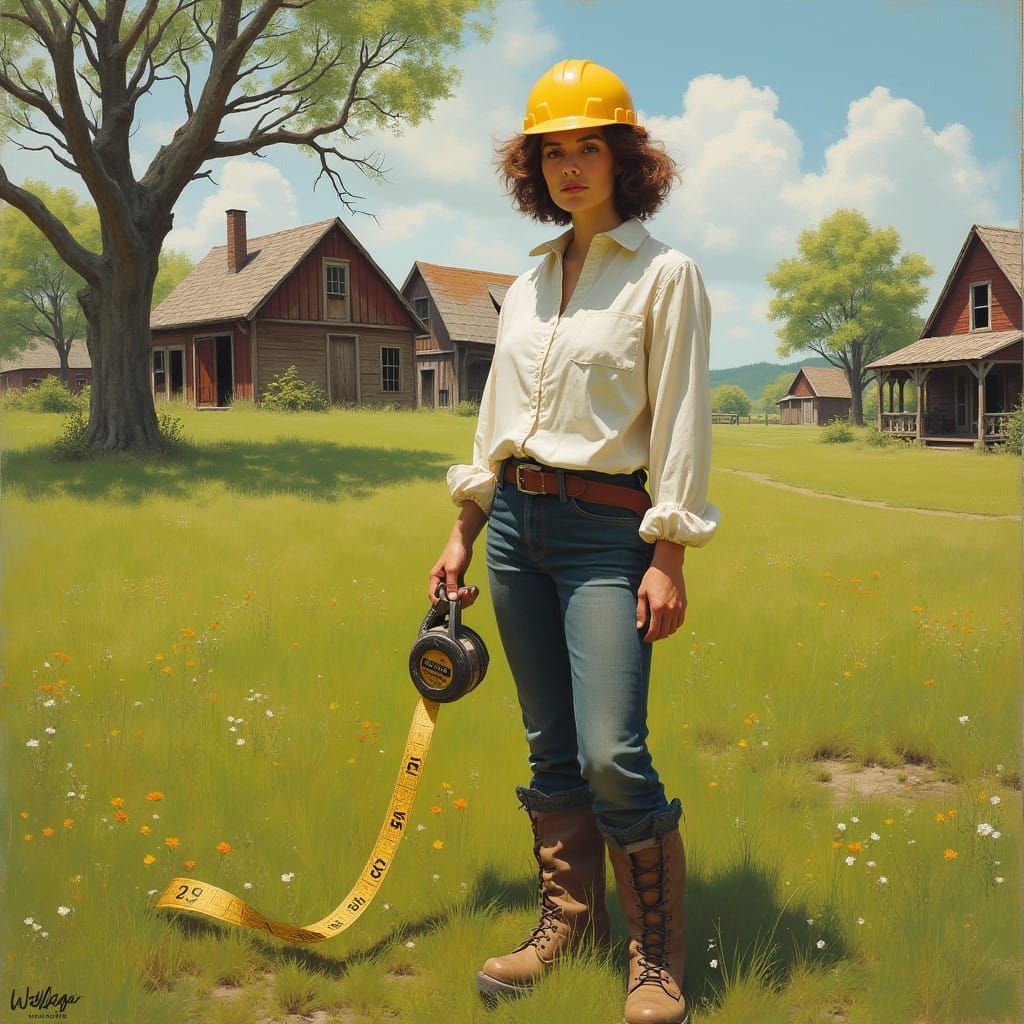 Rustic Woman Surveys Lush Green Property in Earthy Realism