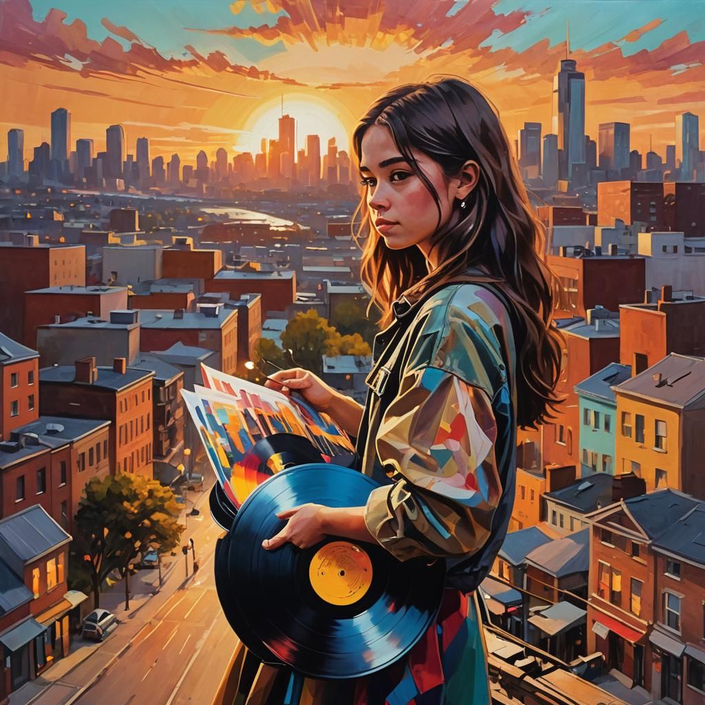 Girl with Vinyl Record: Sunset Oil Painting