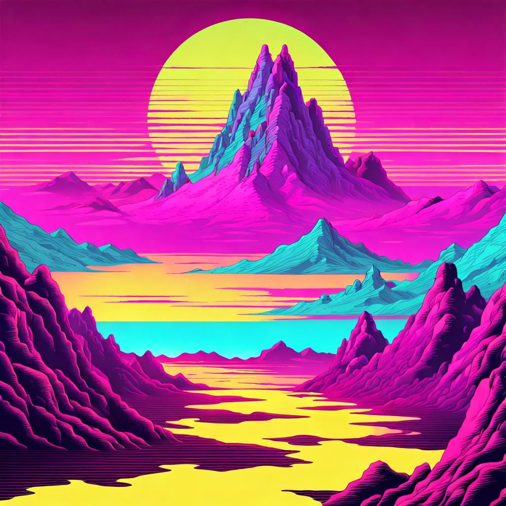 alien mountainous landscape in vaporwave aesthetics