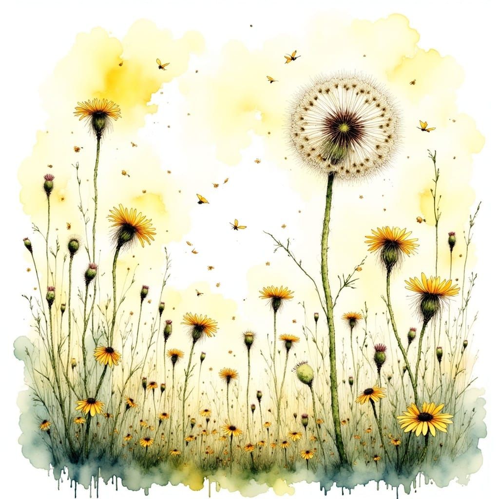 Whimsical Dandelion Dreamscape in Watercolor Style