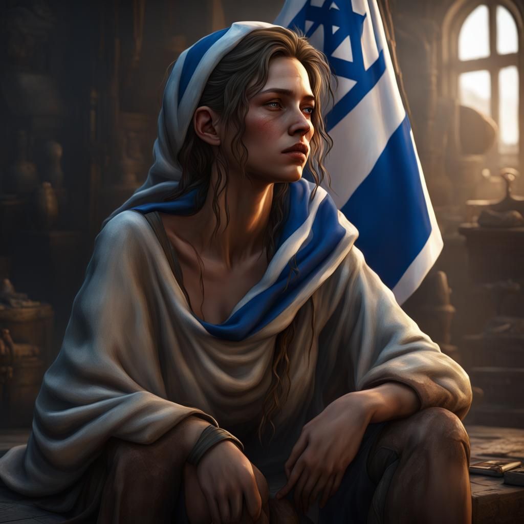 Sorrowful Woman with Israel Flag: Dark Fantasy Art
