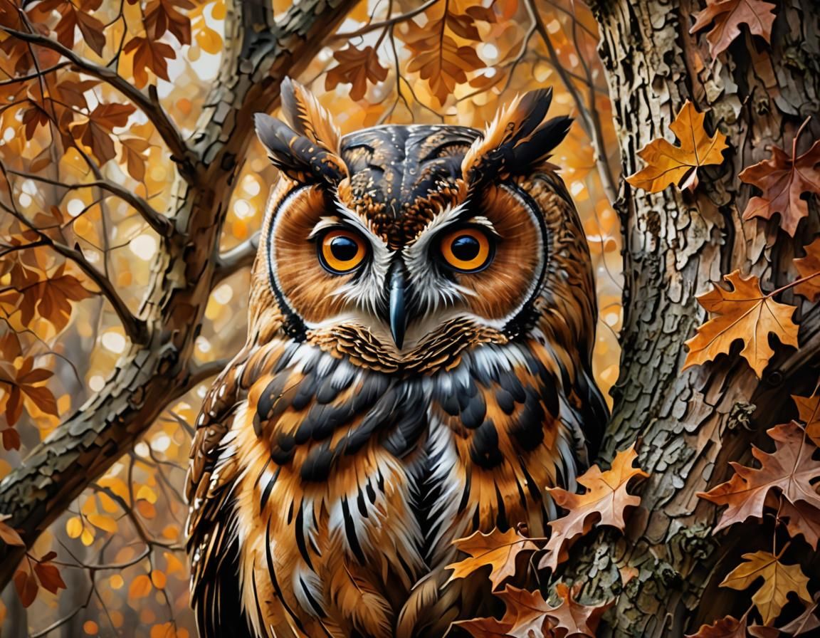 Wood Owl Camouflaged in Autumn Bark, Digital Art