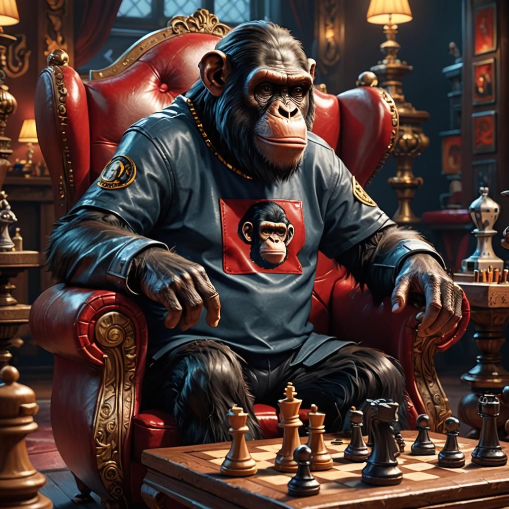 Whimsical Cartoon: DJ Chimp Playing Chess