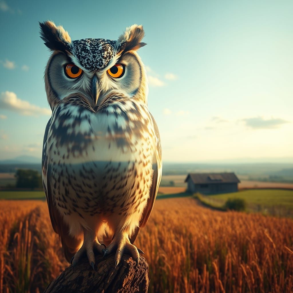 A double exposure of an owl and a rural country field