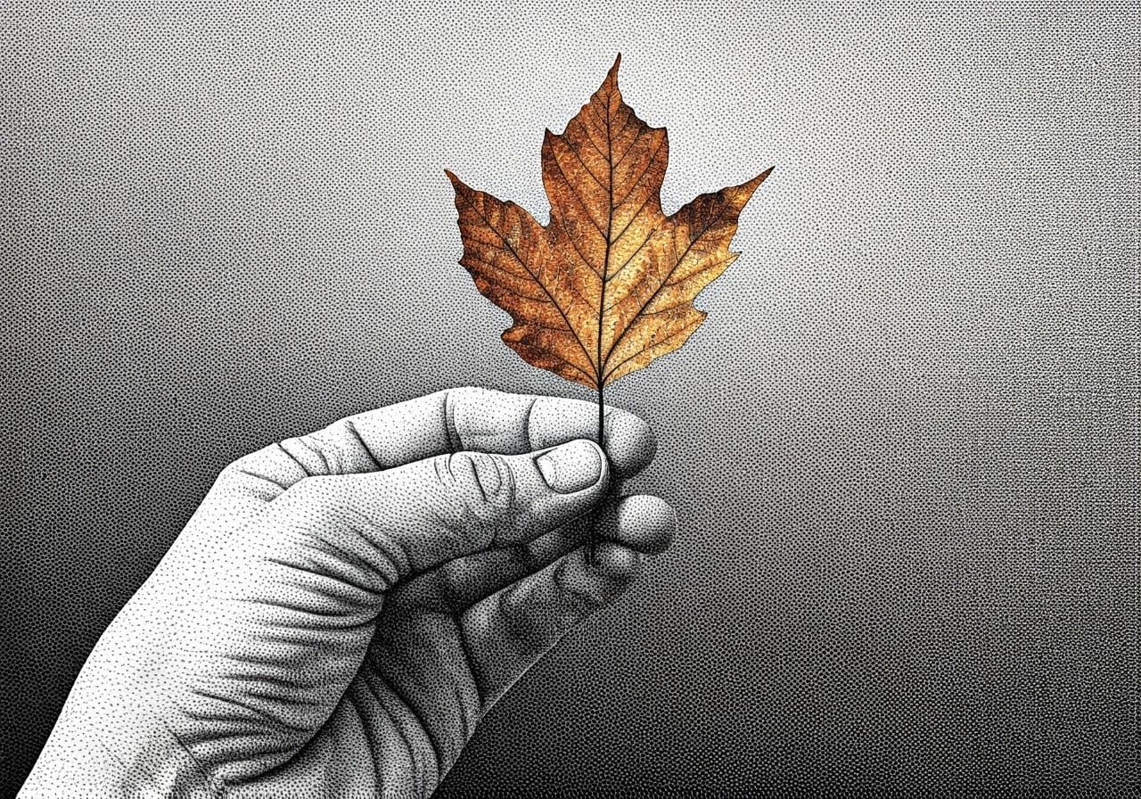 Closeup of a Human Palm Holding a Curling Autumn Leaf in Pen...