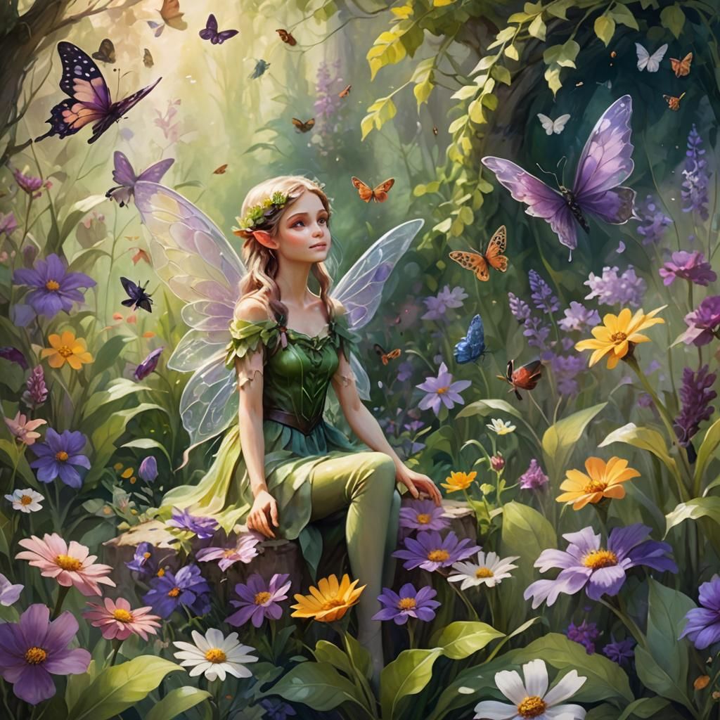 Flower Fairy Elf in Lush Garden: Concept Art