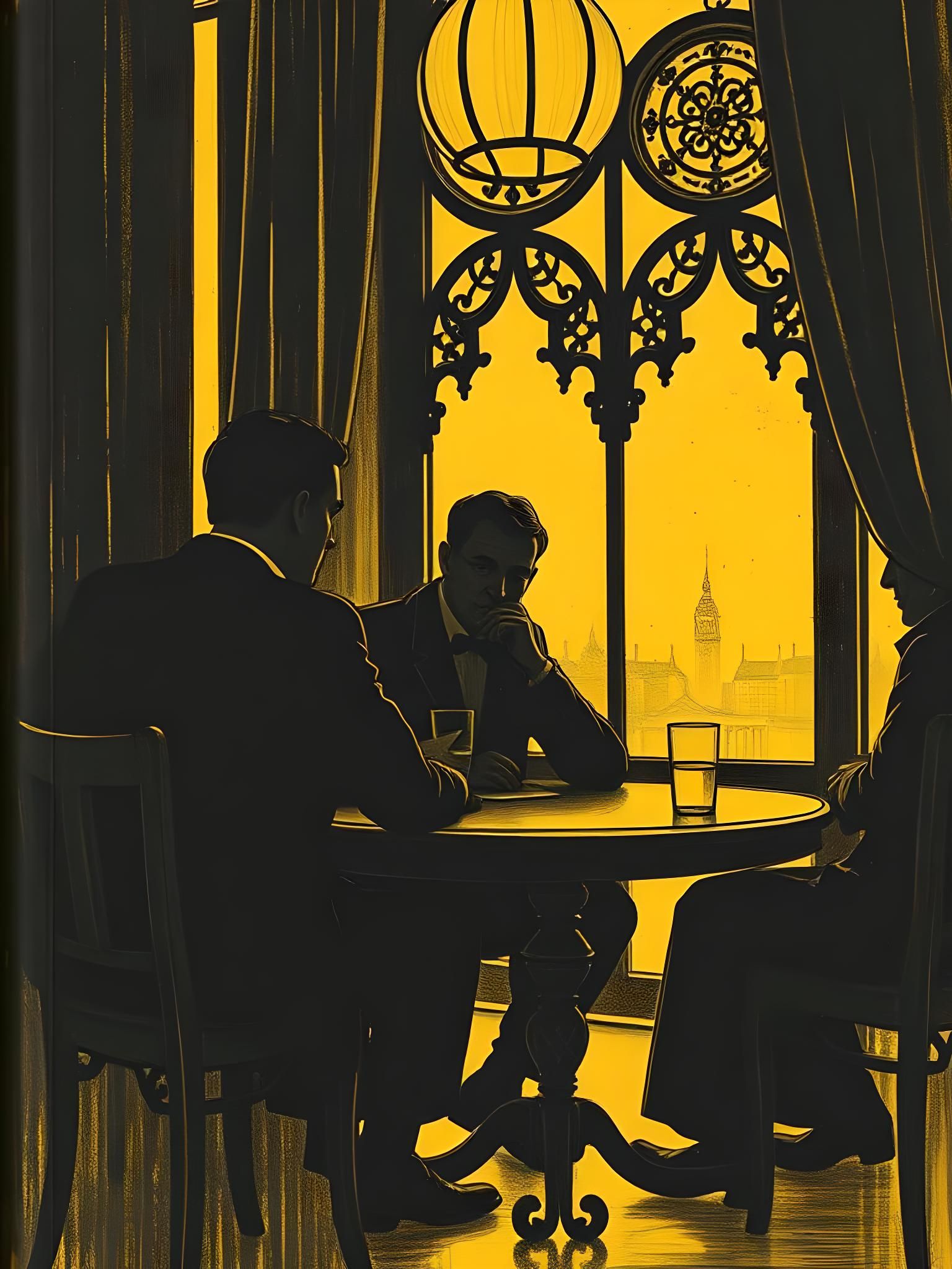 Art Nouveau Silhouette Drawing of Men at Table