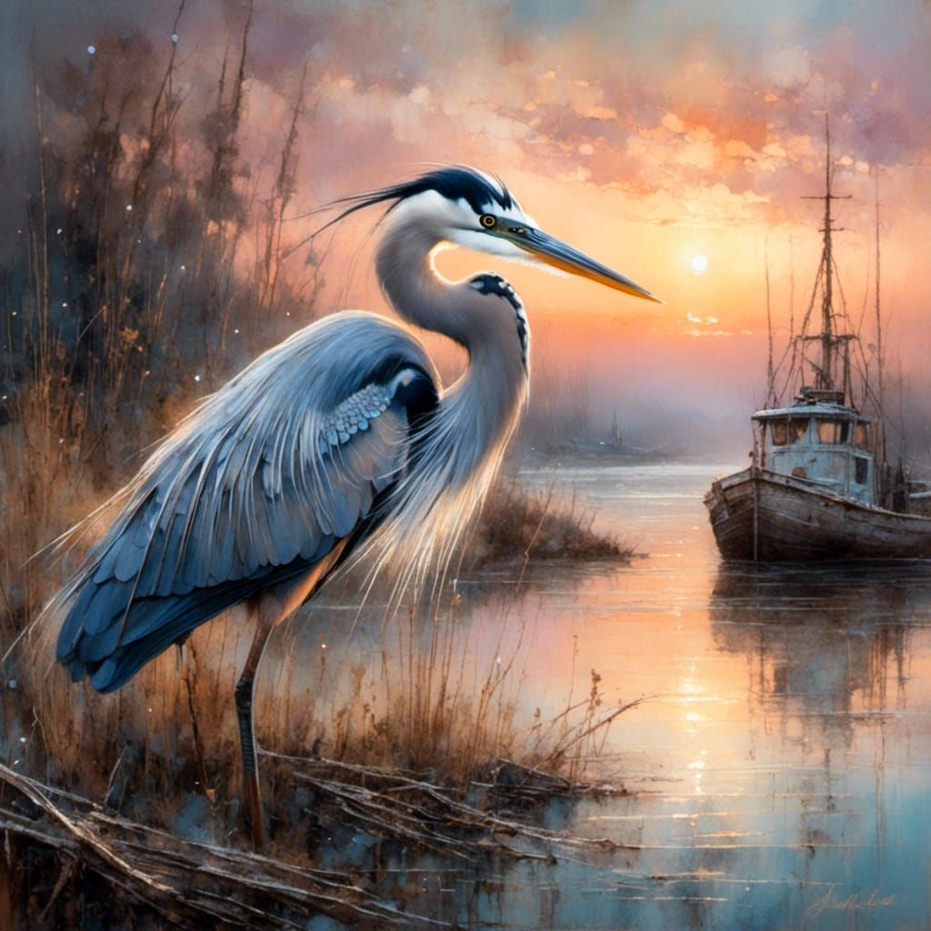 Great Blue Heron in Pastel Sunrise: Impasto Oil Painting