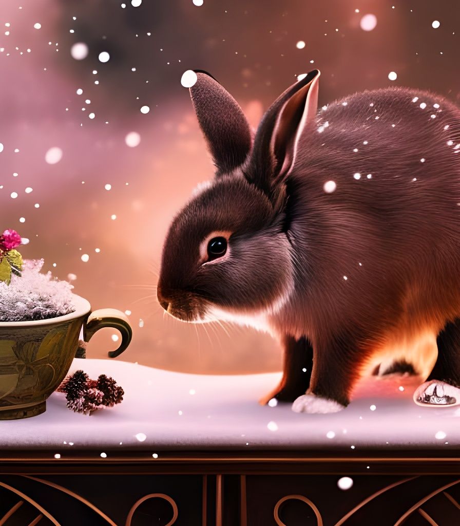 Pink Rabbit Sipping Tea in Winter Garden Watercolor
