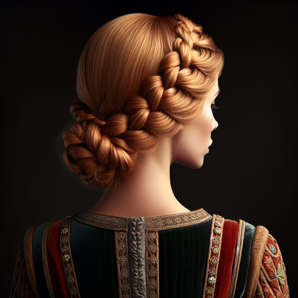Medieval Princess with Strawberry Blonde Braids in Royal Att...