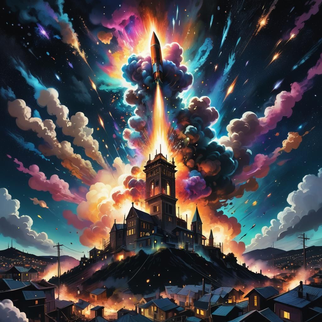 A Cosmic Rocket's Radiant Explosion Over a Surreal Town