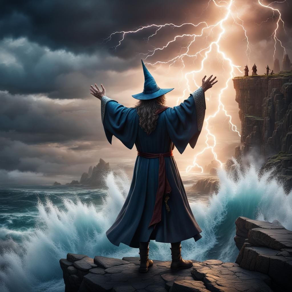A ppwerful wizard arms raised casting a spell over the sea, standing on a rock as waves crash around it and lightning fi...